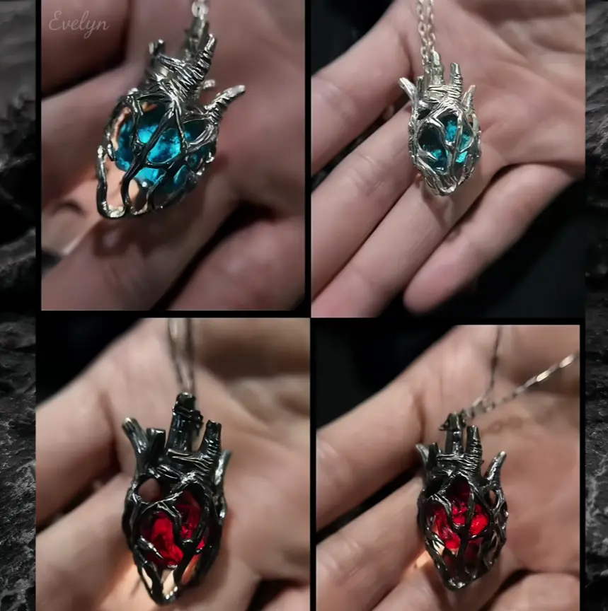 Anatomical Hollow Heart Pendant Necklace - Silver & Black Plated Openwork Vessel Frame with Transparent Colored Stone, Gothic Punk 3D Organ Charm Layering Jewelry for Dark Street Style