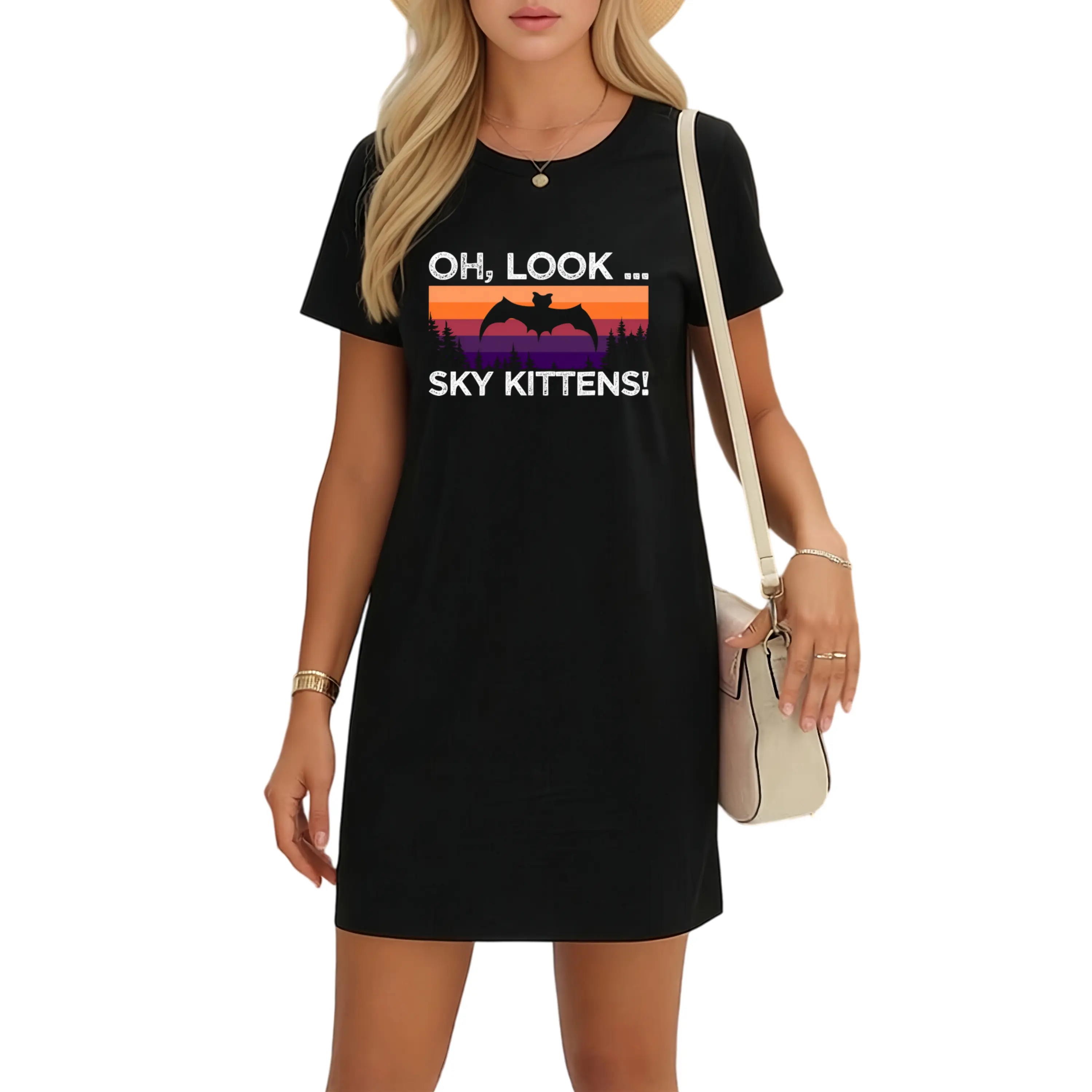 Oh Look Sky T-Shirt Dress with Cute Kittens and Bats Print – Unique Casual Wear