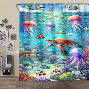 Underwater World Removable Shower Curtain Set with Rug, Includes Hooks, Non-Slip Bath Mat, U-Shaped Toilet Lid Cover, Bathroom Decor, Bathroom Decoration Accessories