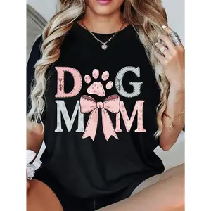 Dog Mom Graphic Crew-Neck T-Shirt for Women - Casual Oversized Tee with Short Sleeves, Pink Bow & Paw Print Design, Perfect for Mother's Day, All Seasons, and Casual Attire
