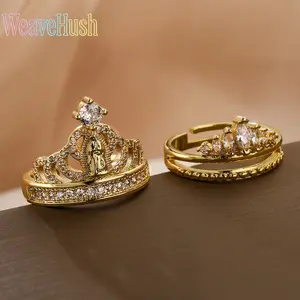 Trendy INS Style Crown Virgin Mary Open Ring for Women, Niche Premium Personality Design, 18K Real Gold Plated Copper Inlaid with Sparkling Zirconia, Elegant Religious Faith Jewelry, Adjustable Style, Perfect for Daily Wear, Party & Meaningful Gift for He