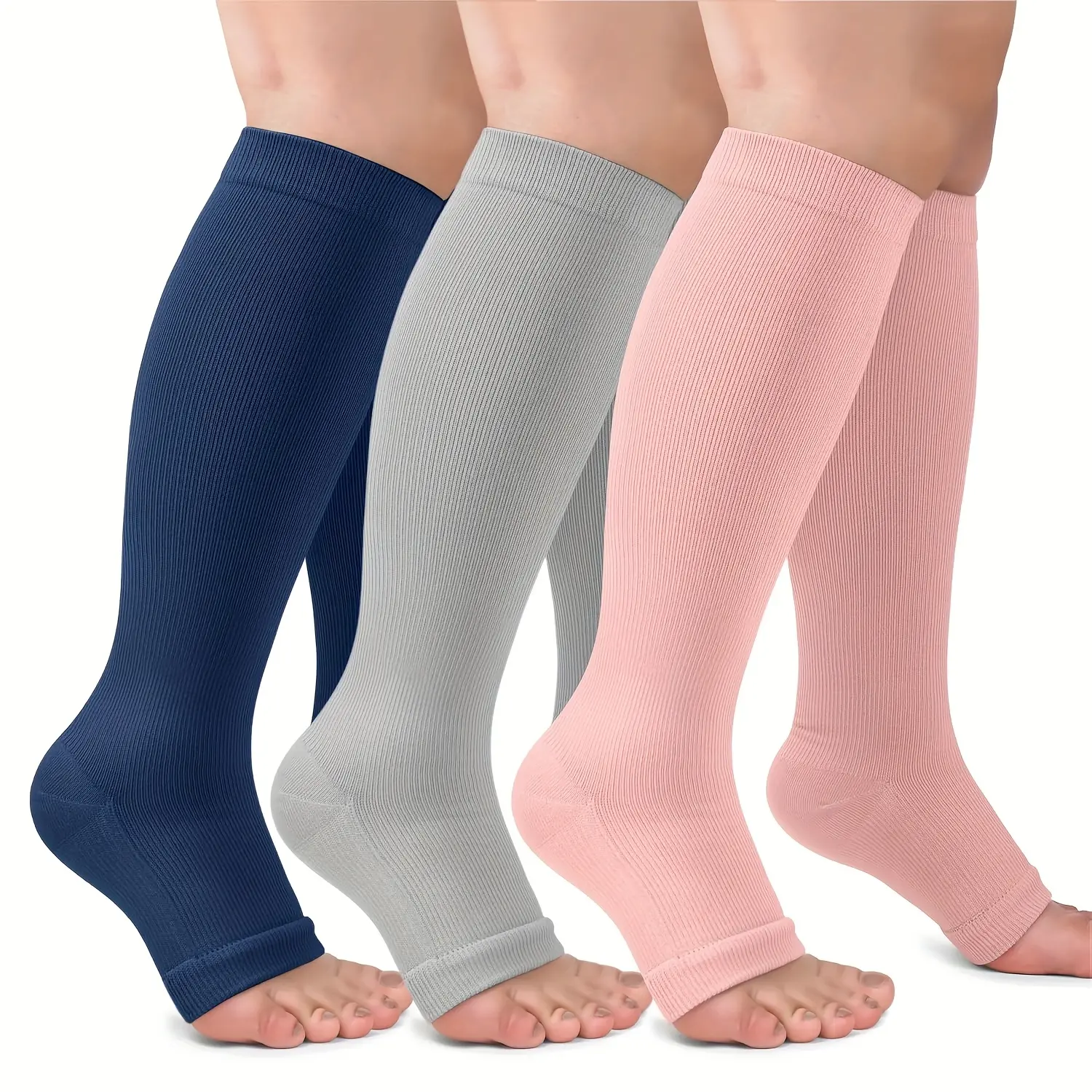 Unisex Basic Everyday Solid Color Exposed-Toe Compression Socks (3 Pairs), Multiple Sizes, Ideal for Running-Hiking Indoor Activities, Mom Gift 20-30mmhg support men, Gift For Mom, Compression Stockings, Adults, L-Xl, Casual