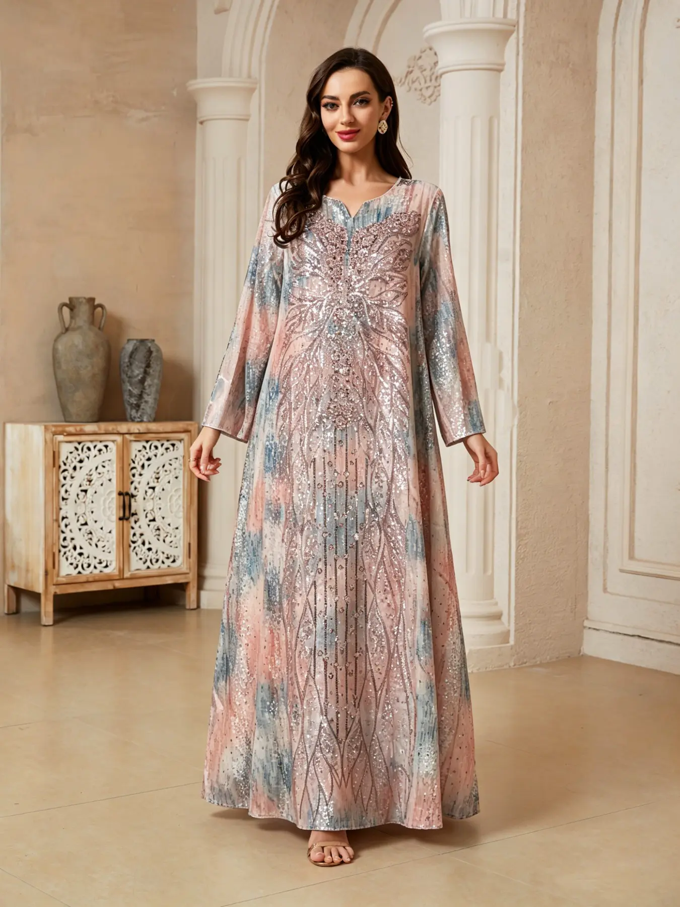 Middle Eastern Women's Traditional Sequin Floral Bohemian Dress, Boho Long Sleeve Formal Evening Anarkali Gown, Loose-Fit Abaya for All Seasons