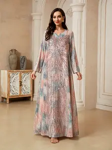 Middle Eastern Women's Traditional Sequin Floral Dress, Boho Long Sleeve Evening Gown, Loose-Fit Abaya for All Seasons