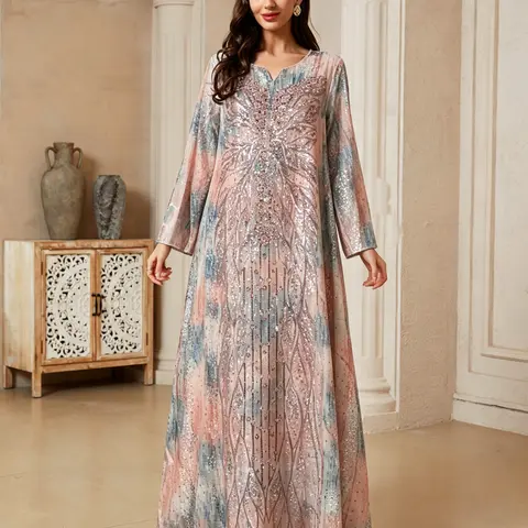 Middle Eastern Women's Traditional Sequin Floral Bohemian Dress, Boho Long Sleeve Formal Evening, Loose-Fit Abaya for All Seasons, Formal Gowns