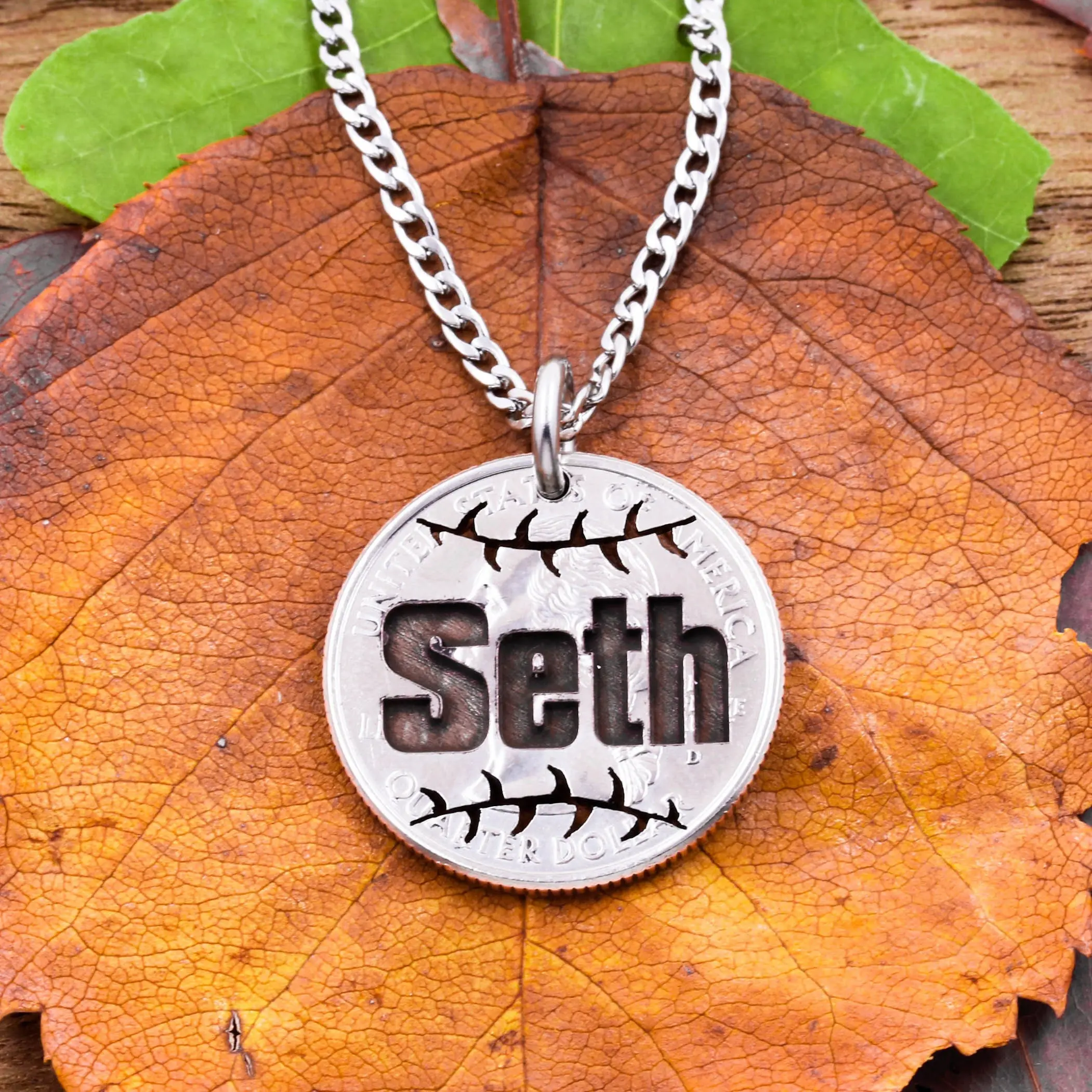 Baseball or Softball Necklace, Custom Engraved Name, Sports Jewelry, Gifts for Him or Her, Bespoke, Hand Cut Sports Ball Coin