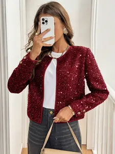 Women's Sequin Short Jacket Vintage Elegant Style Metal Buckle Decoration Suitable for Young Women Festive Gatherings Luxurious Parties