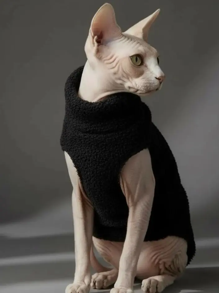 Sphynx Cat Turtleneck Sweater | Faux Sherpa Fleece Knit | Warm Hairless Cat Clothing