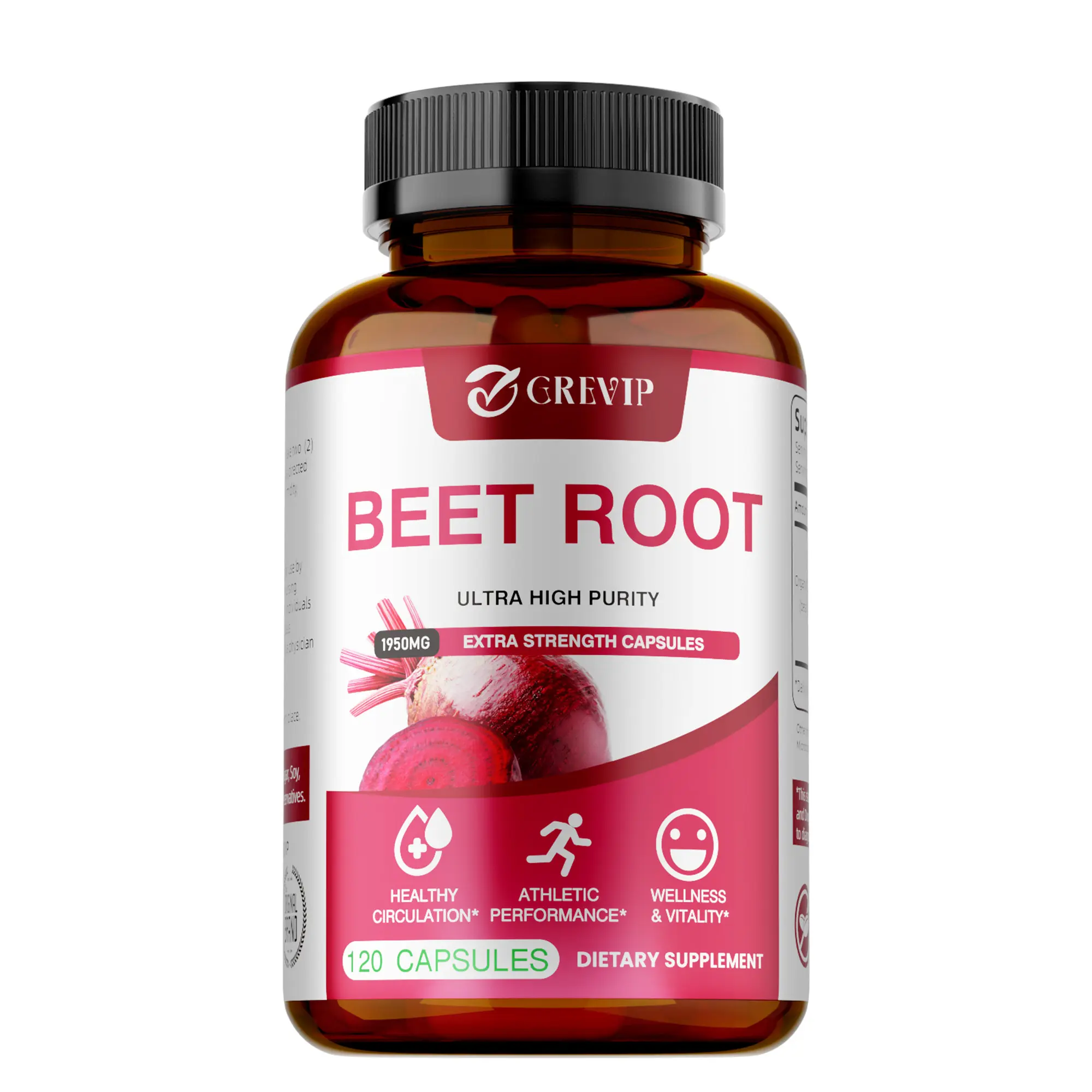 GREVIP Beetroot Capsules 1950 mg, for blood health, are available in 60/120 capsule packs.
