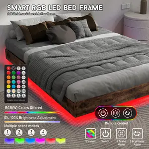 Queen Size Floating Bed Frame with LED Lights – Heavy Duty Metal Platform, RGB Ambient Light Strip,4 Modes, 800 lbs Load Capacity, 10.6" Under-Bed Storage, Noise-Free, Easy Assembly, Brown