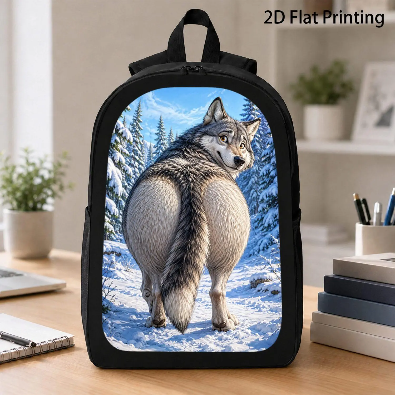 17 Inch Travel Backpack Gray Wolf Big Butt Snowy Forest Wildlife Graphic Comfort School Carry Durable Outdoor Bag for Daily Use