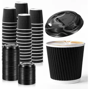 100 Set 4oz Disposable Espresso Cups with , Black Ripple Corrugated Paper Disposable Mini Espresso Paper Cups Hot/Cold Drinking Insulated Hot for Party Picnic Travel Events   Drinks