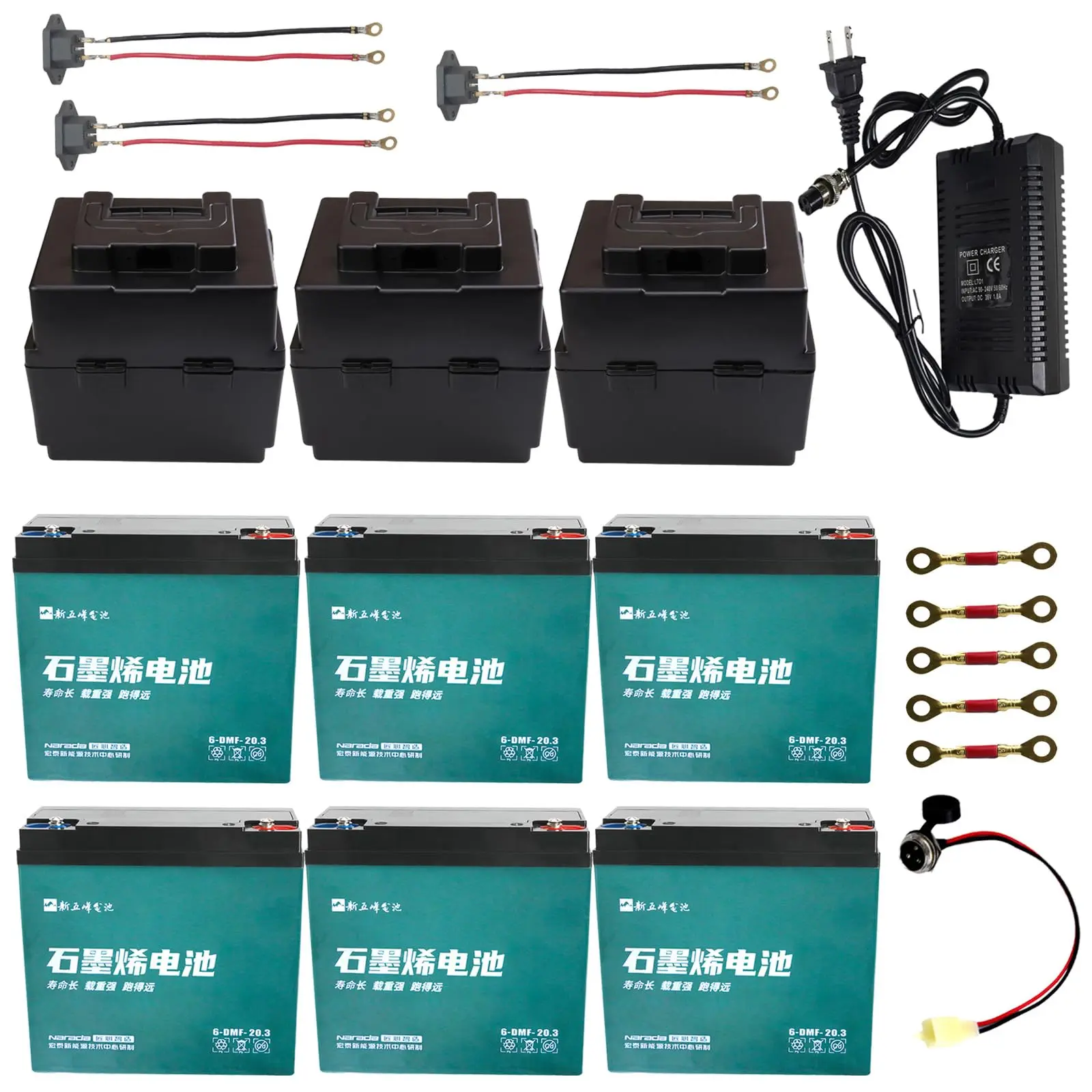 6pcs 12V 20Ah AGM Powersport Battery Kit Sealed Lead Acid Go Kart Batteries with 36V Charger Storage Box Charging Port Copper Cable for ATV UTV Golf Cart Four Wheeler Tricycle Motorcycle Scooter Quad