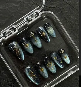 Starry Night Magic: Glitter Galaxy Nails with Gold Moons, Suns & Constellations—A Mystical Cosmic Dream in Midnight Blue