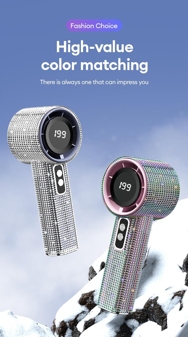 PAXA M15 Full Diamond Luxury Craftsmanship Portable Handheld Fan, 3 Gear Wind, Rechargeable Long Battery Life Hand Fan With Digital Display For Outdoor Activities, Travel, Office, Wonmen's gift