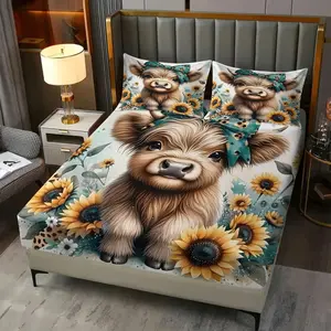 Cute Highland Cow Fitted Sheet Set (3 Pcs), Bed Sheets Set: Includes 1 Fitted Sheet + 2 Pillowcases (No Filler), Flower, Butterfly, Bedroom, Pastoral-Style Homestay, Kids' Beds, Kids, Couples, Family, Animal