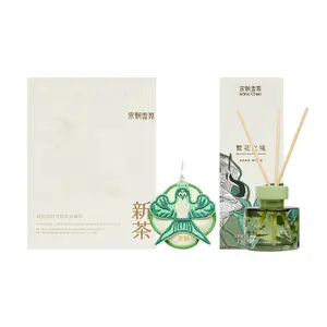 SONG CHAO "Spring Rain" Tea Fragrance Reed Diffuser 120ml with "Four Seasons Scenery" Embroidered Sachet - West Lake Longjing Scent, Flameless Aroma for Home & Office