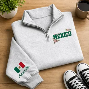 Women's Stylish Sweatshirt, Personalized Quarter Zip Pullover with Floral Mexico Flag Embroidery, Casual Long Sleeve Travel Tops