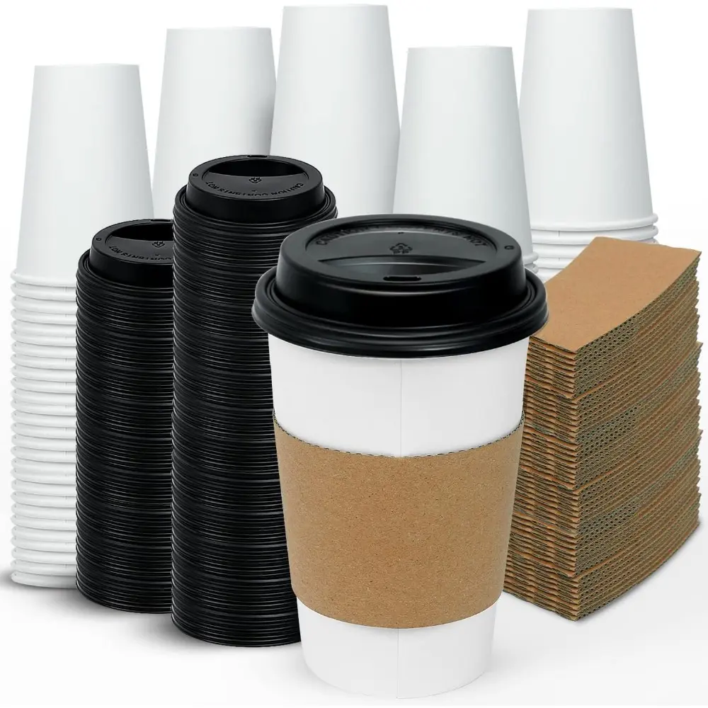 100 Pack 16 oz Disposable Coffee Cups With Lids and Sleeves-To Go Coffee Cups for Hot Drinks, Chocolate, Cocoa and Coffee Bar