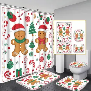 Christmas Bath Curtain Set, 1/3/4pcs Gingerbread Man Design, 71x71 Inches, Includes Background Pattern & Hooks, Festive Bathroom Decor, Bathroom Shower Equipment