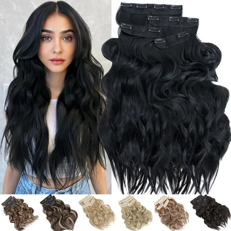 Synthetic Clip-In Hair Extensions 4PCS/Pack, 22-24in Extra Thick Volume Effect, 180G Full Head Curly Wavy Body Wave, Black Brown Balayage Blonde Curly Extensions & Pieces