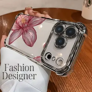 A trendy designer-style TPU phone case with a pink peach blossom pattern, featuring electroplated transparency and full-body soft protection. Suitable for IPhone17 11 12 13 14 15 16 Pro Max Air Plus