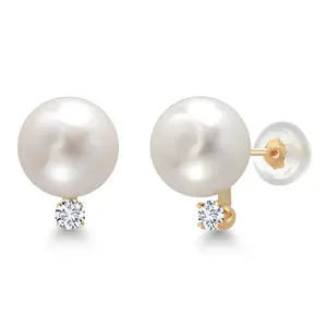 14K Yellow Gold Cultured Freshwater Pearls and White Diamond Stud Earrings For Women (Pearl: 6.5MM, Diamond: 0.13 Cttw, Round 2.5MM)