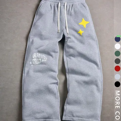 Unisex Street Style Jogger Pants, Hip-Hop Letters, Stars & Graffiti Street Art Print, Loose Straight Fit, Fall&winter, Casual Rock Skateboarding, Streetwear