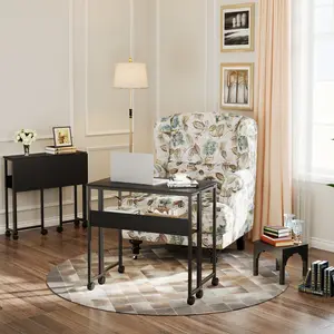 Folding Desk Rolling Desk with Storage Shelf,Space-Saving Foldable Computer Desk with Wheels,Portable Mobile Couch Sofa Side Table for Small Spaces, Home Office, Study, Easy Assembly