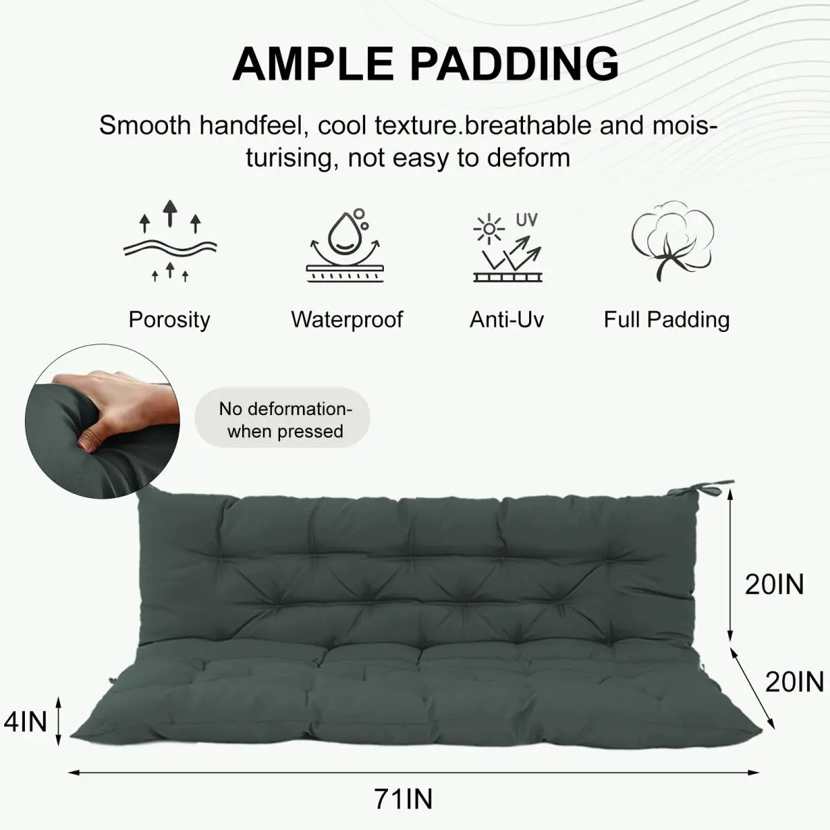 3-Seat Polyester Blend Swing Cushion Replacement, 71x40 in Waterproof Wrap, 4 in Thick Outdoor Porch Bench Pad