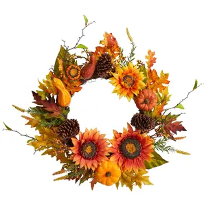 Nearly Natural 24" Fall Sunflower & Berries Autumn Wreath