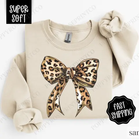 Leopard Bow Sweatshirt, Coquette Leopard Crewneck,  Women's Sweater
