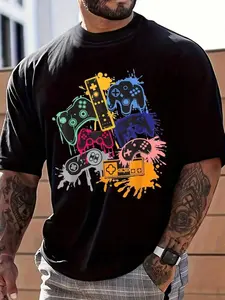 Retro Video Game Controllers Graphic T-Shirt, Colorful Paint Splatter Print Tee, Oversized Crew Neck Shirt, Gamer Casual Short Sleeve Top, Trendy Streetwear Aesthetic Cotton Tee for Gaming Enthusiasts, Nostalgic Players and Geek Style Fans