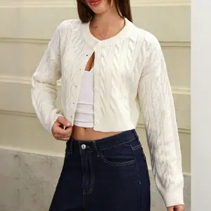 Woman's White Cable Knit Cardigan Soft Knit Sweater Short Crop Top Button Front Round Neck Loose Fit Retro Style Denim Jean Outfit Casual Daily Wear Fall Fashion