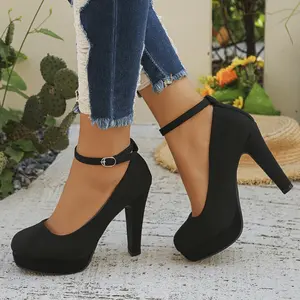 Black Velvet Heel Pumps with Ankle Strap - Professional Women's Dress Shoes, Round Toe Platform Heels Work & Events, Comfortable Faux Cover Lining, Rubber Sole, Hand Wash or Dry Clean