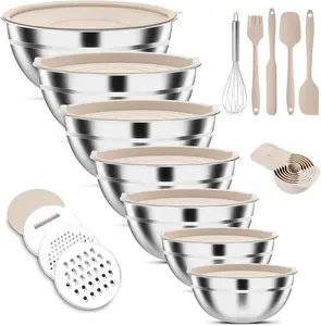 7-Piece Stainless Steel Mixing Bowls Set with Lids & 3 Grater Attachments, 0.7–4.5 QT – Nesting Kitchen Set for Cooking, Baking & Serving, Khaki