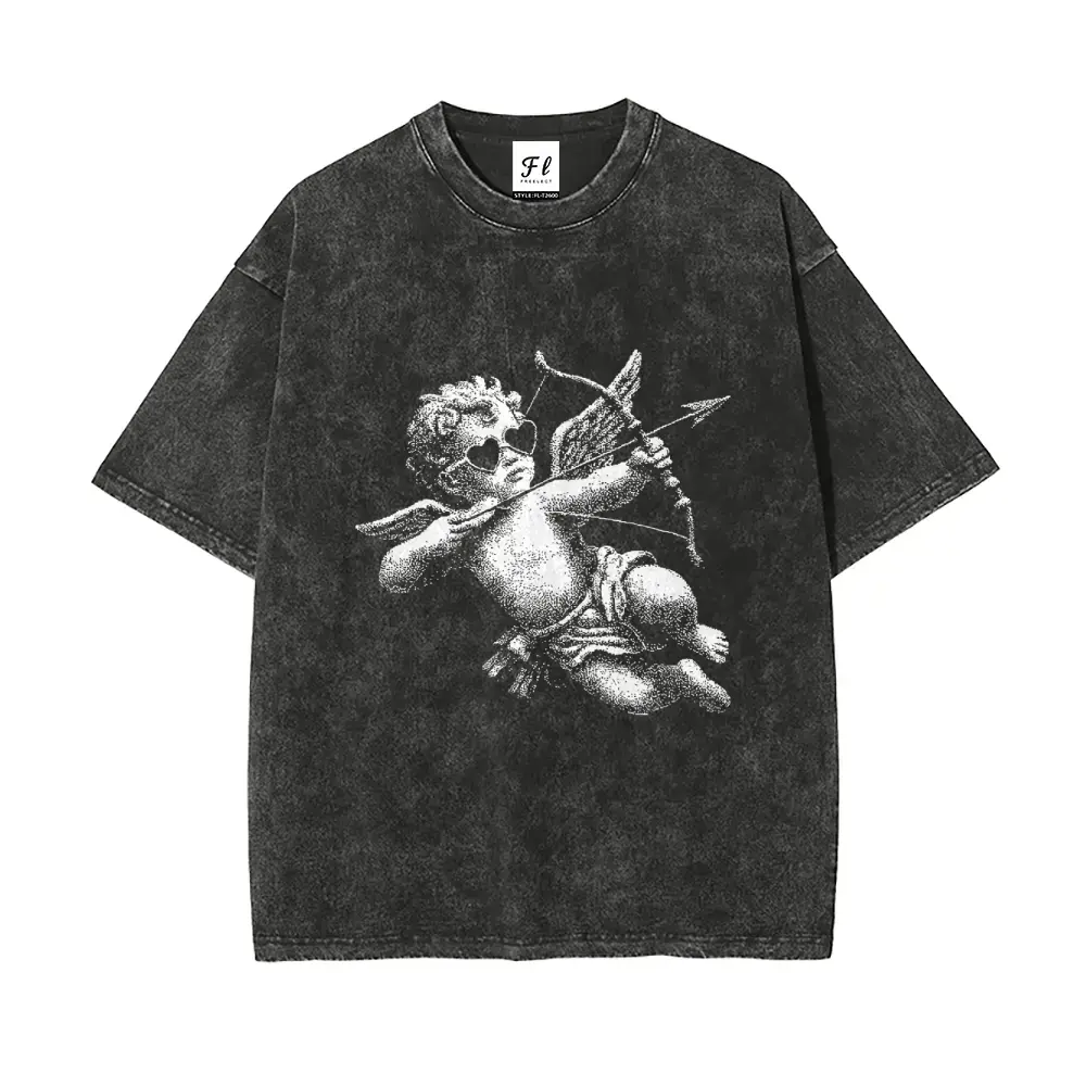 Men's Oversized Vintage Washed Cotton T-Shirt - Retro Round Neck Short-Sleeve Stretch Fabric Top, Soft Streetwear, Cherub Angel Cupid Graphic, Unisex Casual Valentine's Gift,men's t shirts,humorous tshirt men,everyday tshirt,,good graphic tees,book merch
