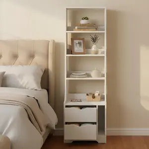 Spaco Nightstand with Bookshelf & 2 Storage Drawers – Modern Bedroom Side Table with Storage