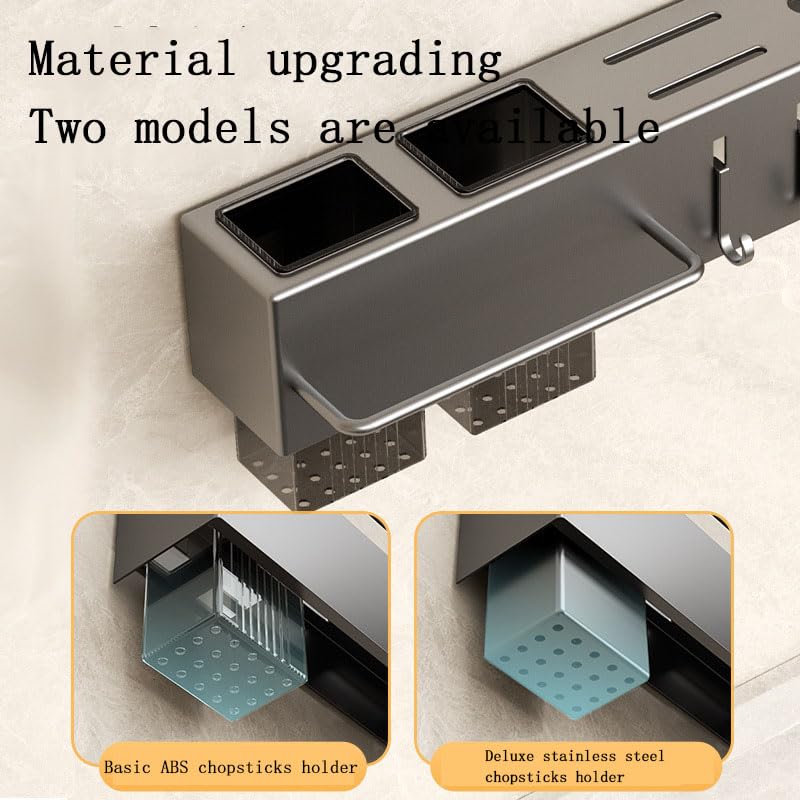 Space-Saving Kitchen Organizer, Wall-Mounted Storage Rack, Multi-Functional Kitchen Organizer with with Drying Holes, Knife Slots, Chopstick Holder & Towel Bar, No-Drill Installation 60cm