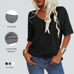 Imily Bela Women's V Neck 3/4 Sleeve Loose Fit T-Shirt Casual Solid Color Summer Tunic Top Super Soft Stretchy Breathable Basic Top