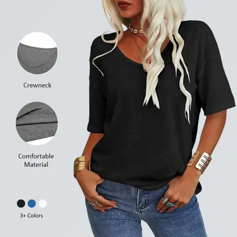 Imily Bela Women's V Neck 3/4 Sleeve Loose Fit T-Shirt Casual Solid Color Summer Tunic Top Super Soft Stretchy Breathable Basic Top