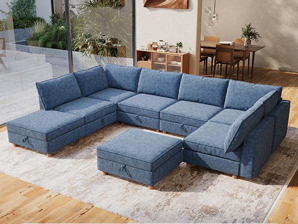 128" 6 Seat Modular Sectional Sofa with Storage, Sturdy Solid Wood Structure, Modular Sectional Sofa Cloud Couch Washable, Spacious Couches for Living Room, Apartment, Loft, Dark Blue 128" 6 Seat Modular Sectional Sofa with Storage, Sturdy Solid Wood Structure, Modular Sectional Sofa Cloud Couch Washable, Spacious Couches for Living Room, Apartment, Loft, Dark Blue