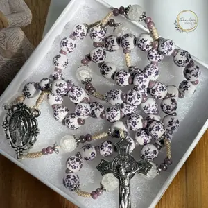 Handmade Purple Floral Porcelain Rosary, Natural Quartz Stone Beads, Vintage Style Catholic Gift
