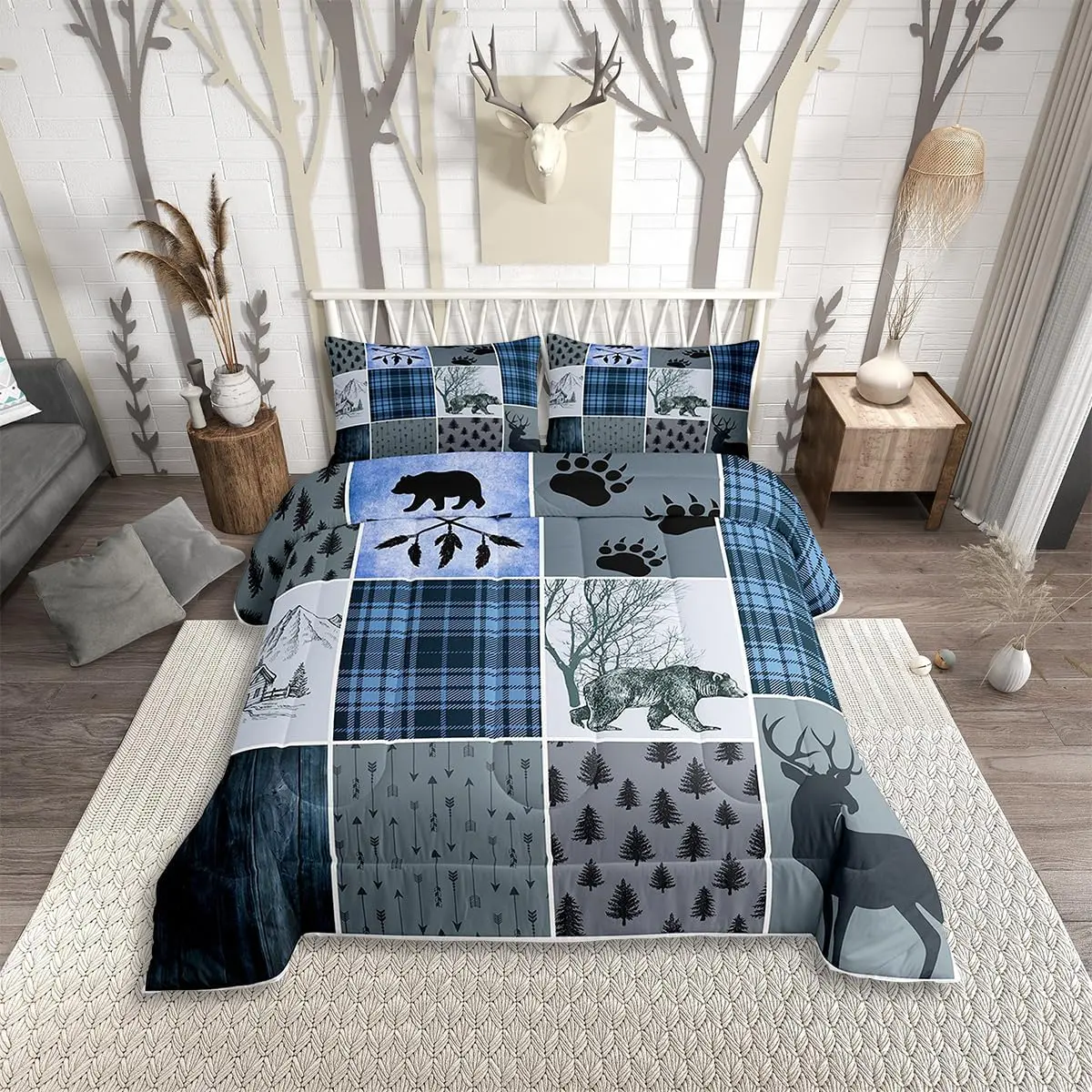Feelyou Queen-Size All-Seasons Breathable U-Stitched Microfibre Fill Duvet Set - Whole Piece, Rustic Farmhouse Bedroom Decor, Cozy Bed Setup, Western Christmas Country Bear Deer Hunting Prints, RV-Friendly, Machine-Washable Bedding for Adult Men