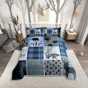Feelyou Breathable Queen-Size Microfiber Fill Duvet Set - U-Stitching, Rustic Farmhouse Style Home, Western Decor, Christmas Country Bear Deer Hunting Animals, RV-Friendly Bedding for Adult Men