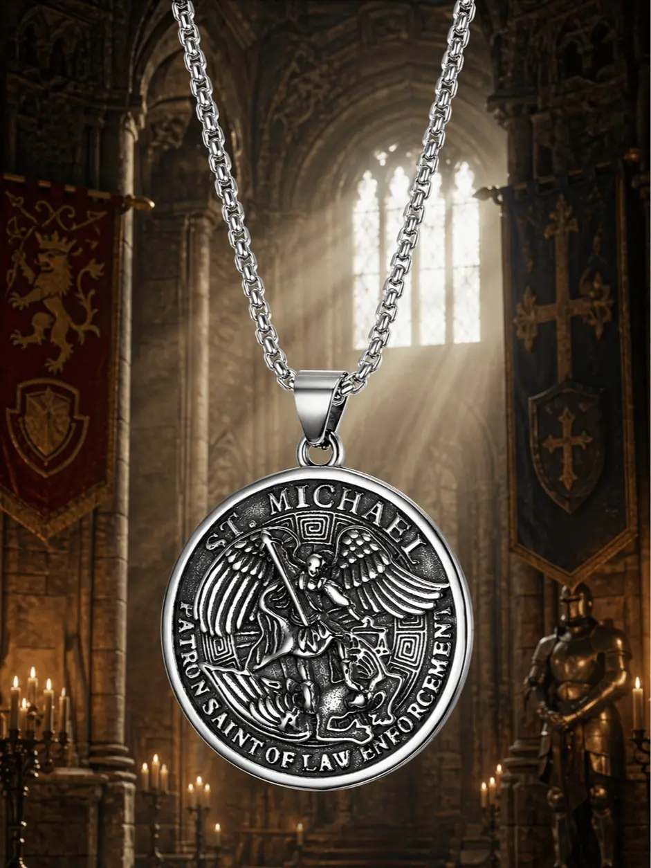 The Armored Kingdom Silver Armored Archangel St. Michael Sword Pendant Necklace - High-Grade Stainless Steel, Hypoallergenic, Rust-Resistant Steel Necklace, Patron Saint Gift for Casual Daily Use, Rust Resistant Necklaces