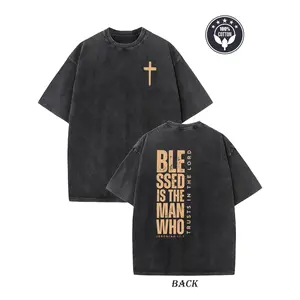 Heavyweight 230g Retro Christian T-Shirt- Blessed Are the Believers Cross Design- Beige/Light Brown Washed Effect- Double-Sided Print Front and Back- Loose Fit Unisex Street Style- Soft Breathable Cotton Shirt, base shirt for autumn and winter