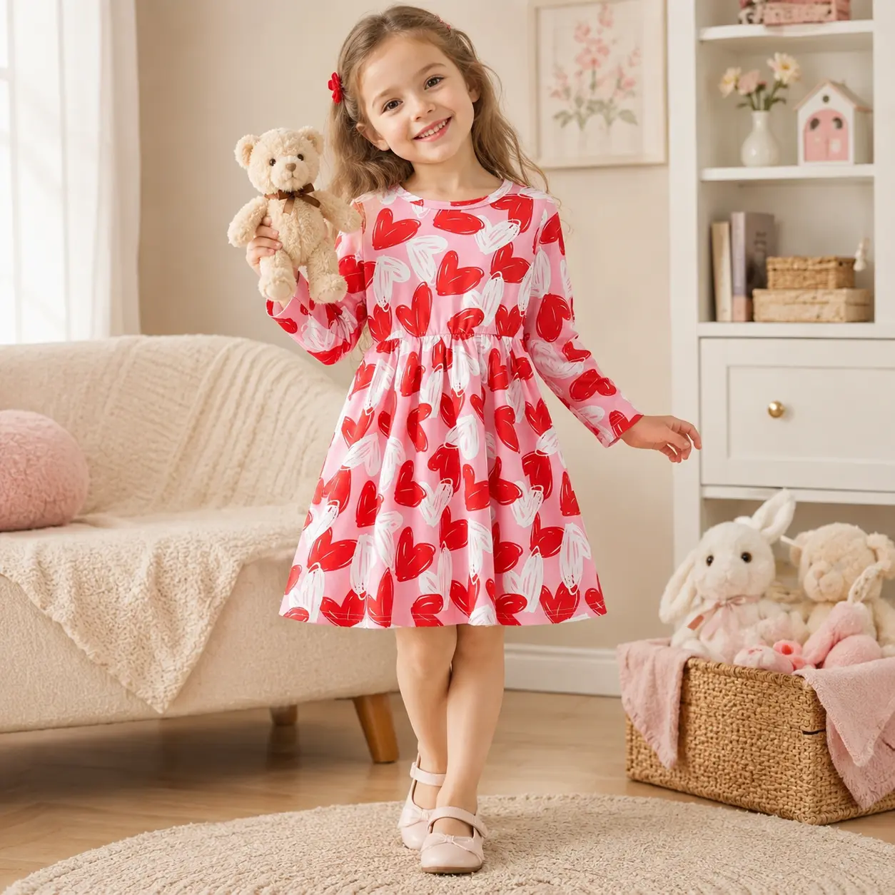 Toddler Girls Sweet Heart Print Long Sleeve Dress, Pink Red White Doodle Hearts Skater Dress for Kids 4-7 Years Old, Cute Everyday School Party Dress, Boutique Fashion Outfit for Valentine's Day