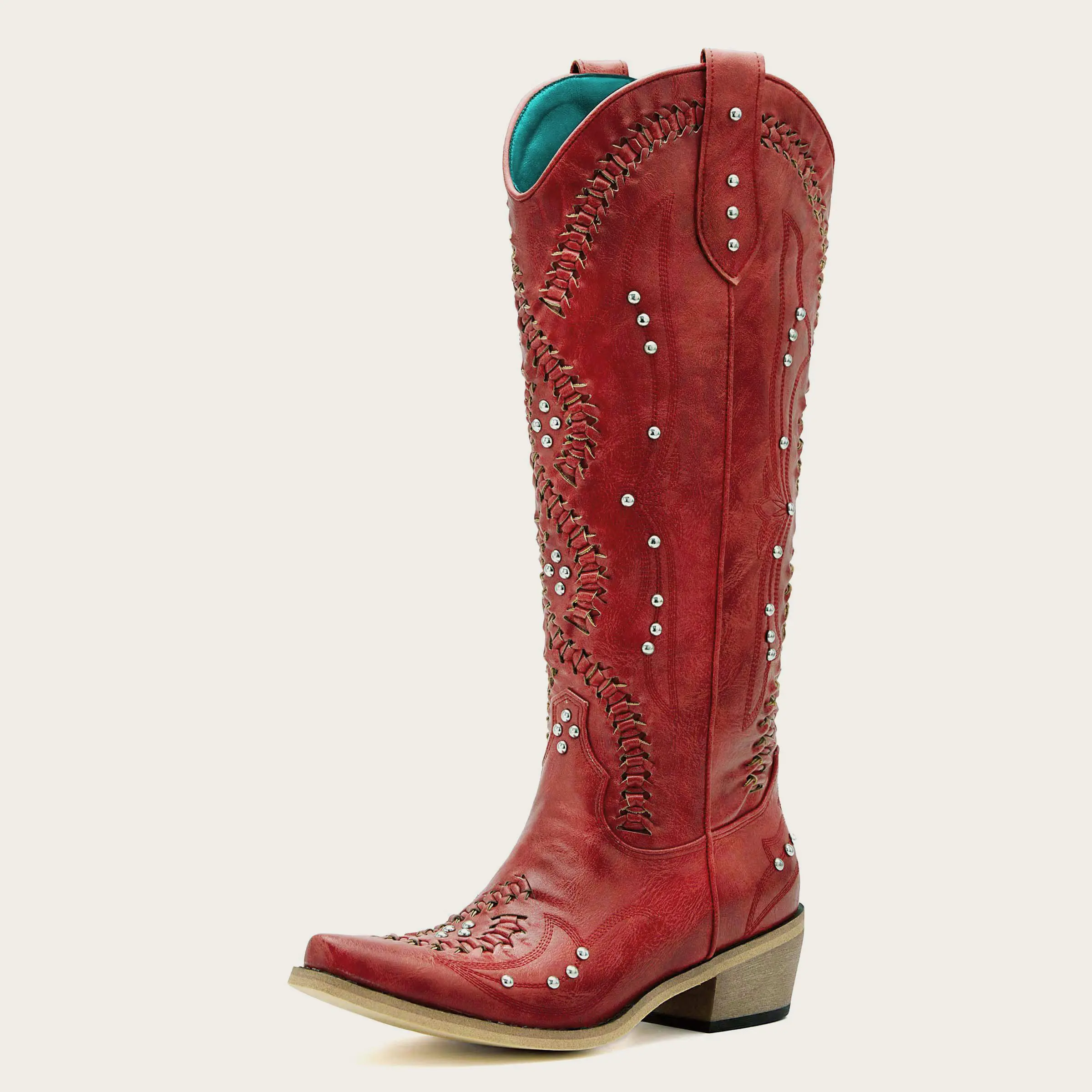 The Kitty Snip Toe Rhinestone Cowgirl Boots Burgundy Synthetic Leather with Silver Studs & Turquoise Lining for Concerts & Festivals