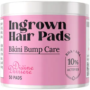 Divine Derriere Ingrown Hair Pads for Ingrown Hairs Razor Bumps and Razor Burns, 50 Pads with BHA AHA 10% Actives Bikini Bump Care -  Ingrown Hair Serum for Razor Burns, PFB Razor Bump Stopper Topicals Skin Care Ingrown Hair Treatment for Bikini Area